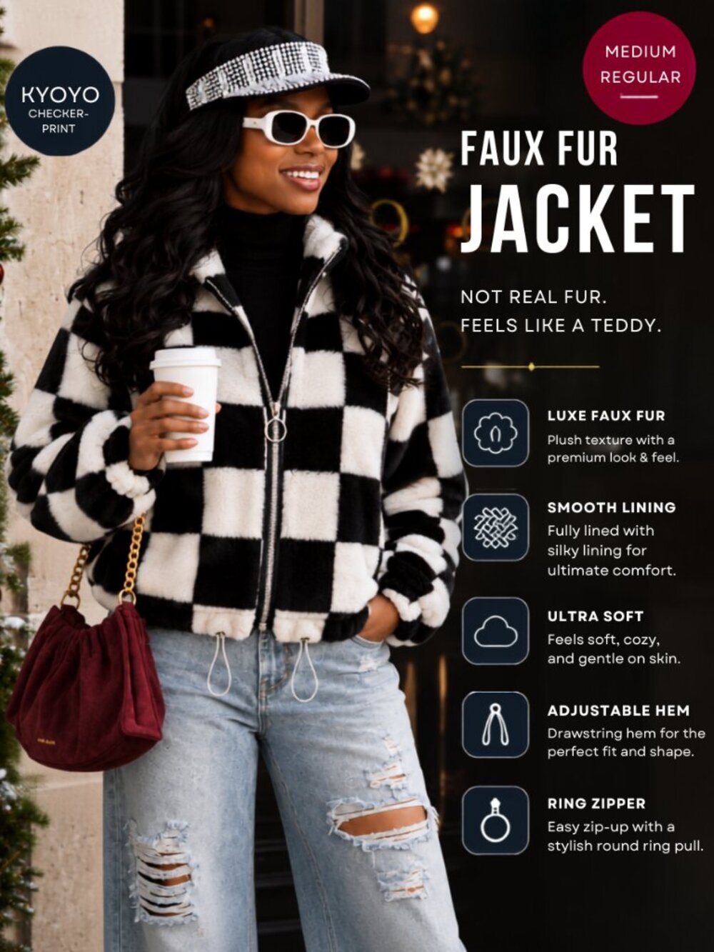 KYOKO Faux fur, checkerboard, Plush, Cropped, zip-front, Statement Jacket
